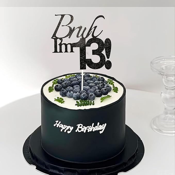 Bruh I'm 13 Cake Topper - Black Glitter Happy 13th Birthday Decorations for Boys Teens, Funny 13 Year Old Party Supplies, Bro I'm 13 Cake Decor (Bruh I'm 13！,13th)