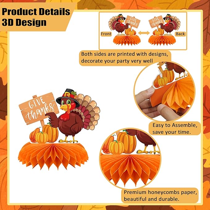9PCS Thanksgiving Honeycomb Centerpiece Turkey Pumpkin Maple Leaves Honeycomb Thanksgiving Table Centerpiece for Thanksgiving Table Decoration Fall Autumn Theme Birthday Party Supplies