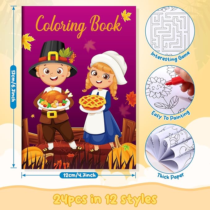 BenLouis 24 Fall Mini Coloring Books Kids with 24 Stacking Crayons Thanksgiving Theme Party Favors Activity Books Bulk for Kids Autumn Harvest Birthday Goodie Bag Gift Stuffer Classroom Reward