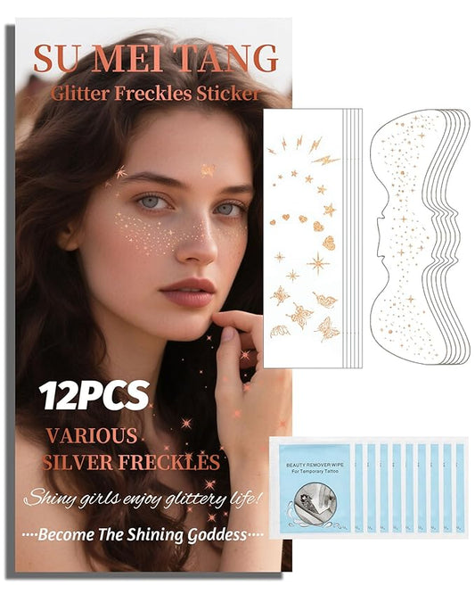 Glitter Freckles Face Tattoo Patches - 12PCS Temporary Sparkle Face Stickers with 10 Remover Wipes | Waterproof Festival Rave Party Makeup Accessories for Women Girls (Rose Gold)