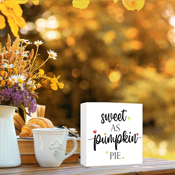 Funny Autumn Wood Box Sign Sweet as Pumpkin Pie Wooden Block Desk Decor for Home Office Kitchen Cubicle Table Shelf Tabletop,Farmhouse Fall Sign Decor