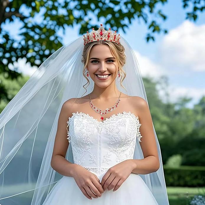 Tiaras and Crowns for Women,Tiaras Earrings Necklace, Crystal Bridal Jewelry Set (Red)