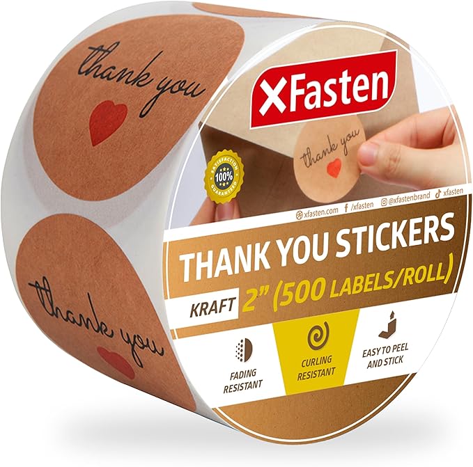 XFasten Kraft Thank You Stickers Roll for Small Business, 500 2-inch Round Thank You Sticker Tags, Microwave-Safe Thank You Sticker Label Bulk for Packaging, Shipping, Shopping Bags and Envelopes