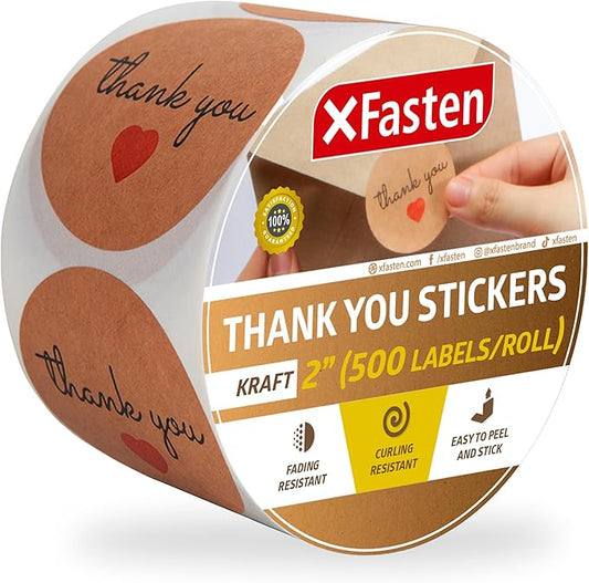 XFasten Kraft Thank You Stickers Roll for Small Business, 500 2-inch Round Thank You Sticker Tags, Microwave-Safe Thank You Sticker Label Bulk for Packaging, Shipping, Shopping Bags and Envelopes