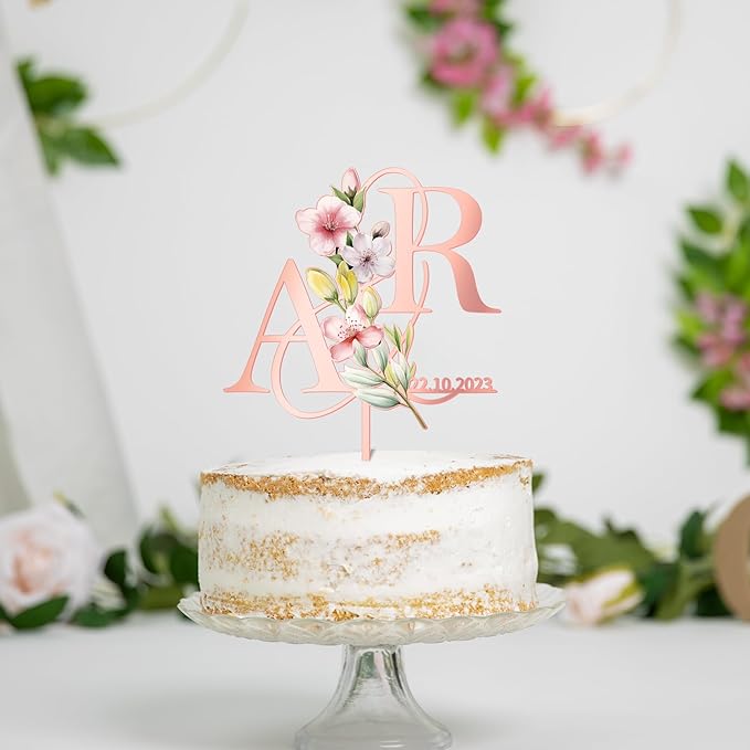 Personalized Spring Wedding Cake Topper in Acrylic Custom Bride and Groom Initial Cake Topper Wedding Date Cake Decoration (Spring Flowers)