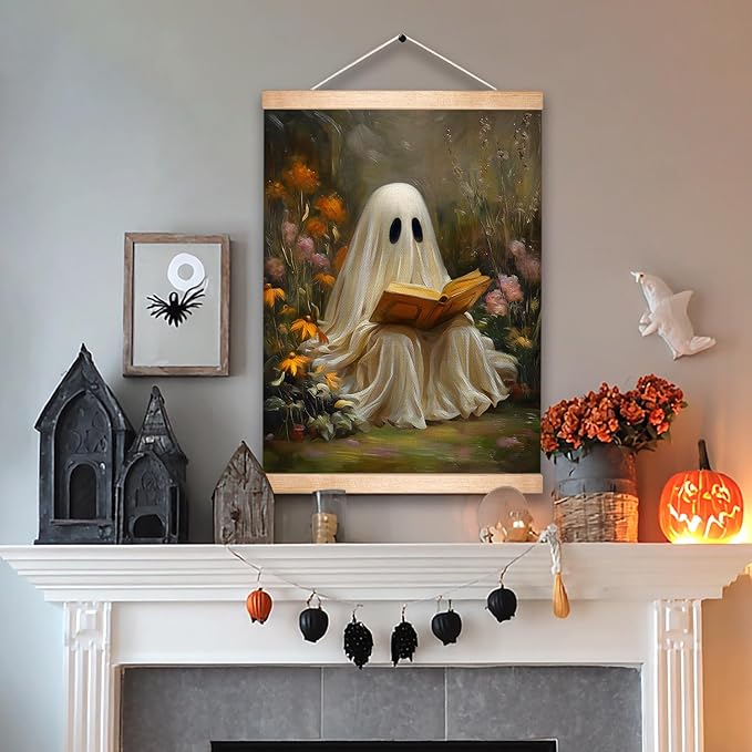 Rustic Ghost is Reading a Book Wall Art 18.5x14 Inch,Fun Ghost Linen Canvas Wall Hanging Poster Decor, Retro Gothic Haunted House Theme Wall Poster for Library Reading Corner,Halloween Decorations (BLK07)