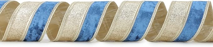 Navy Blue Velvet Wired Christmas Ribbon 2.5 Inch Blue and Gold Holiday Ribbon – 10-Yards Roll for Tree Decorations, Gift Wrapping, Wreaths, and DIY Crafts