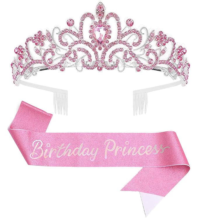 Birthday Tiara and Crown with Sash for Women, Hair Accessories for Wedding Party Costume (C - Pink)