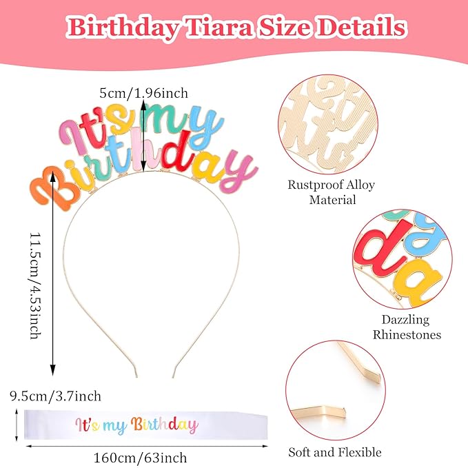 Its My Birthday Headband Set, Rainbow Sash and Crown, Happy Birthday Headpiece for Women Girls Party Decorations (Colorful)