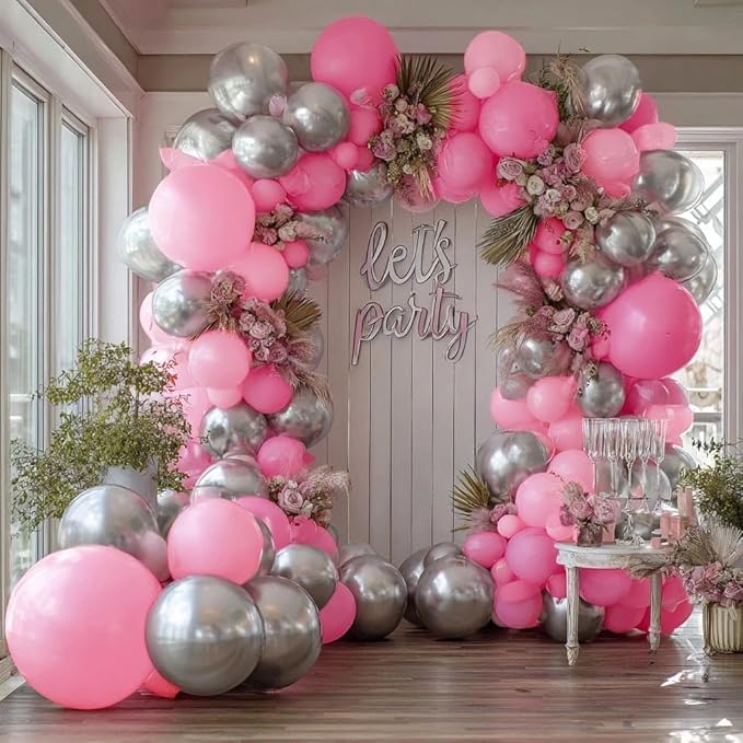 Pink Silver Balloon Garland Double Stuffed Light Pink Balloon Arch Kit with Clear Bobo Balloons for Birthday Baby Shower Wedding Bridal Shower Princess Party Decorations