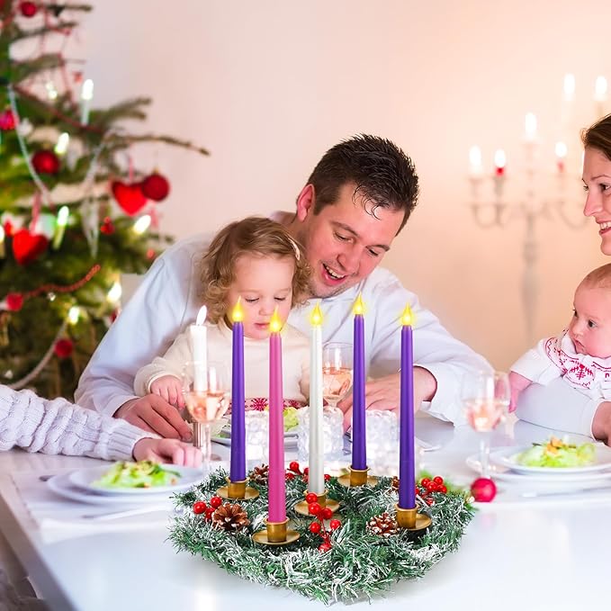 Tioncy 12 Inch Christmas Advent Wreath Candle Holder with 5 Flameless Candles Remote Control Wreaths Holder Centerpiece Decoration with Berries(Snowy Cedar Pine,11 x 0.8 x 0.8 in)