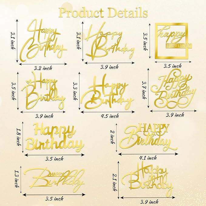 10 PCS Gold Birthday Cake Topper Mirror Acrylic Happy Birthday Cake Toppers Double-Sided Dessert Decorations for Girls Women's Party Supplies Cake Charm Supplies for Birthday Party