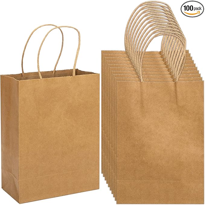 100 Pack Small Brown Kraft Gift Bags with Handles, 5.9x3.15x8.26 inch, Bulk for Birthday Party Favors