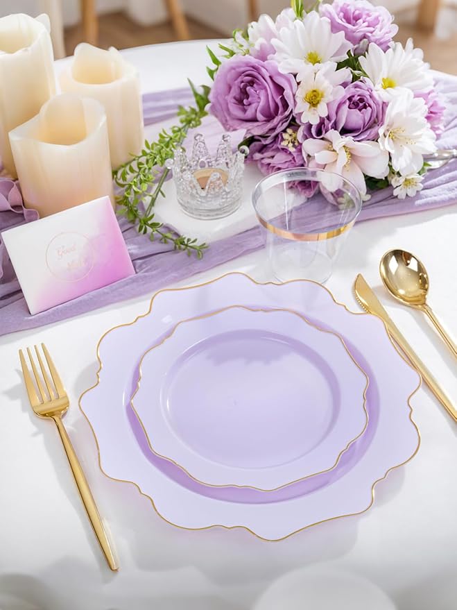 WDF 175Pcs Purple Plates Disposable - Lavender Plastic Plates 25guest Plastic Dinnerware Ideal for Birthday Party/Wedding/Spring/Picnic
