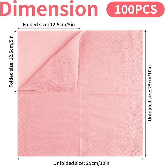 100 Pack Cocktail Napkins Disposable, 2-Ply 5" x 5" Party Napkins, Square Beverage Dinner Napkin for Wedding Birthday Party Anniversary Reception Bar Event (Pink)