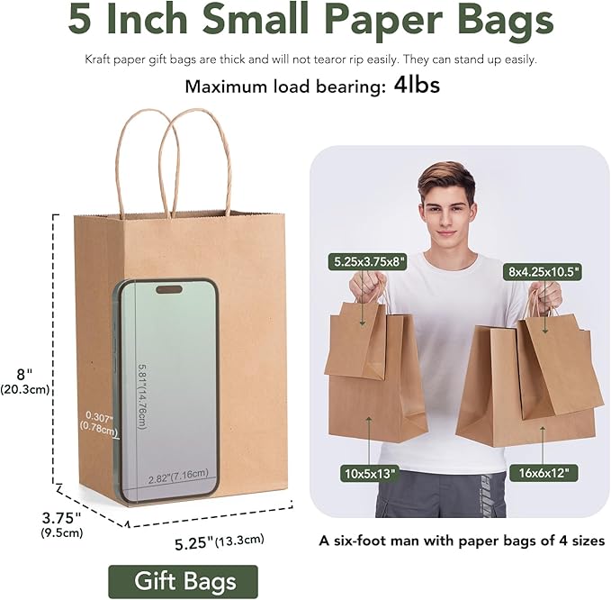 GSSUSA Paper Gift Bags 5.25x3.75x8 1000Pcs, Valentine's Day Gift Wrap Bags with Handles, Brown Kraft Paper Bags for Small Business, Heavy Duty Bulk, for Birthday Party Favors, Shopping, Retail