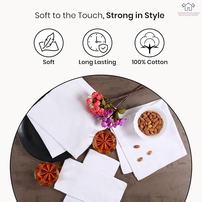LFH Home Cotton Rich Metered Napkins for Dining Table Set of 12, Elegant Cloth Napkins for Wedding Party or Everyday Use Machine Washable Durable Reusable and Soft for Hosting 18x18 Inch - White