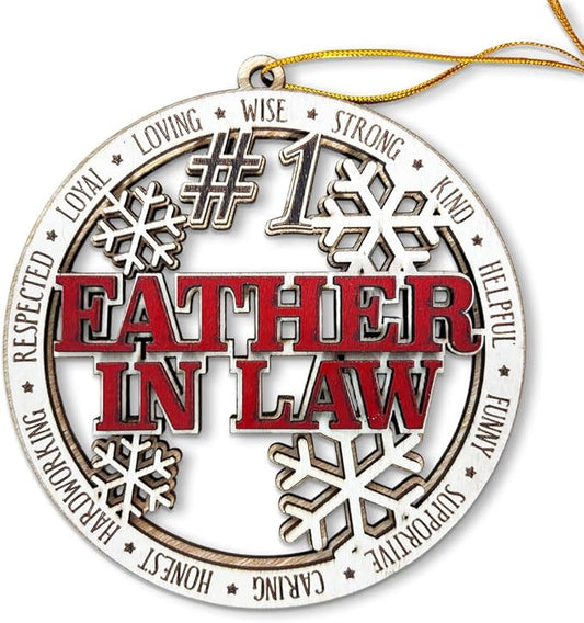#1 Father-in-Law Wooden Christmas Ornament – Best Father-in-Law Holiday Tree Hanging Decoration, Rustic Xmas Gift with Snowflakes & Words