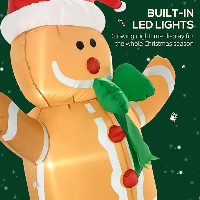 HOMCOM 6ft Christmas Inflatable Gingerbread Man, Outdoor Blow-Up Yard Decoration with LED Lights Display