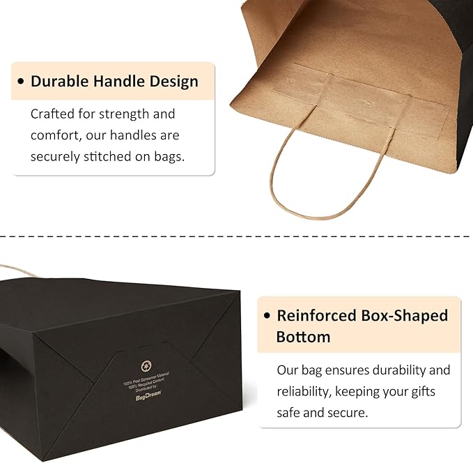 BagDream 25Pcs Black Gift Bags 8x4.25x10.5 Kraft Paper for Gifts, Shopping Retail Merchandise Grocery Sacks, Black Paper Bags with Handles Bulk Medium