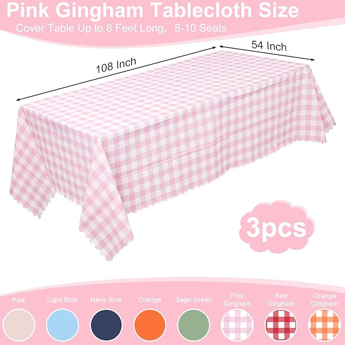 3 Pack Pink Gingham Tablecloths, 54 X 108Inch Disposable Party Table Covers Scalloped Pink Checkered Table Cloth Waterproof Pink White Tablecloth for Picnic Birthday Barbecue Tea Party Wedding