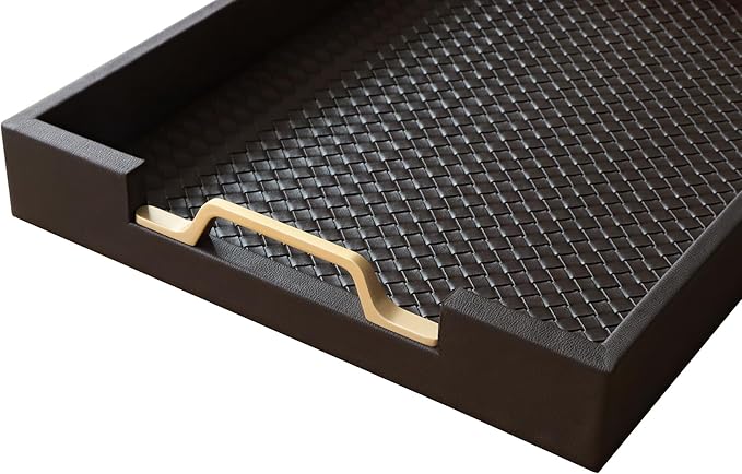 HofferRuffer Faux Leather Rectangle Serving Tray Decor Platter with Gold Metal Handles for Coffee Table, Breakfast, Tea, Food, Countertop, Kitchen, Butler Tray, 16.2 x 12.2 x 2 inches (Coffee)