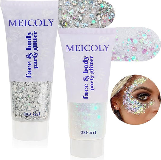 MEICOLY Clear White and Silver Body Glitter Set, Mermaid Face Glitter Gel, Singer Concerts Festival Rave Accessories, Chunky Sequins Glitter Paint for Women and Kids, Sparkling Makeup