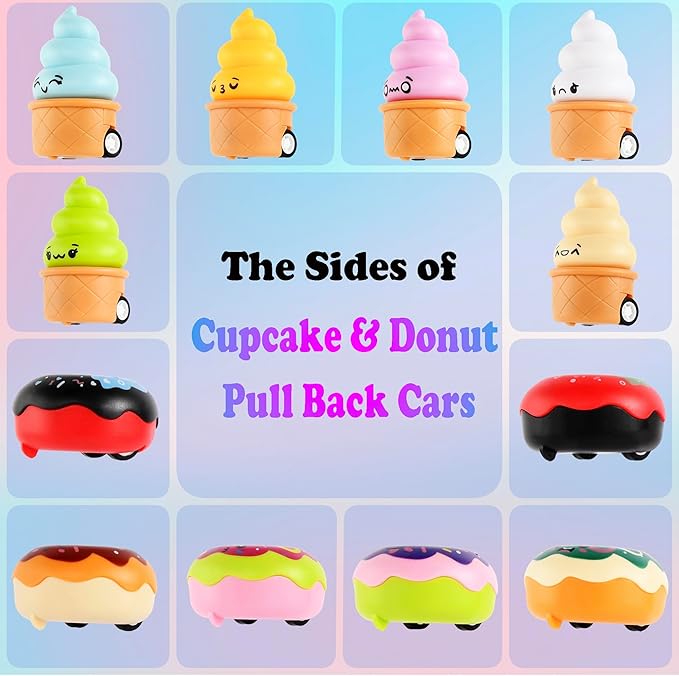 Small Pull Back Toy Cars Set,12 PCS Mini Racing Vehicles for Holiday Birthday Party Favors,Goodie Bag Stuffers,Classroom Prizes,Bulk Toys for Kids (Donut and Cupcake Design)