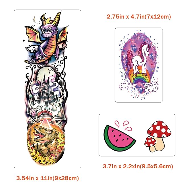 52 PCS Kids Full Arm Temporary Tattoos - Rocket Car Dinosaur Planet Astronaut & Dolphin Castle Cat Body Tattoos Stickers for Boys & Girls, Party Supplies Gifts