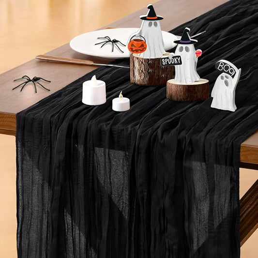 Socomi Black Halloween Table Runner Boho Rustic Gauze Fall Thanksgiving 120 inch 10FT Cheese Cloth Runner for Wedding Party Baby Shower Birthday Home Decor Holiday Decorations
