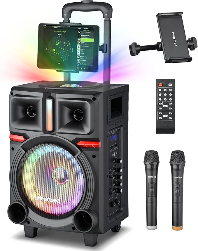 HEARTSEA Karaoke Machine for Adults, Portable Bluetooth Speaker with 2 Wireless Microphones, PA System with Disco Lights for Big Party, Outdoor, Supports USB/TF/REC/AUX, Ideal Gifts for Family