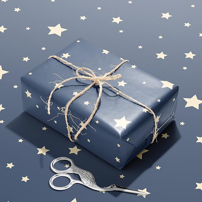 Wrapping Paper Flat 8 Sheets for Birthday, Holiday, Father'S Day, Weddings, Graduations, Navy Printed with Geometric Patterns, Checks, Stars, Spots 20 X 29 Inches Each