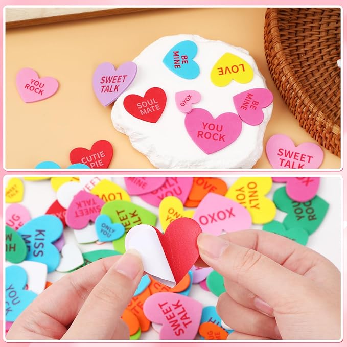JULBEAR 300 Pcs Valentine's Day Conversation Heart Foam Stickers Self-Adhesive Colorful Mixed Foam Stickers for Kids Party Valentine's Day Wedding DIY Crafts Favor Supplies Home Decorations