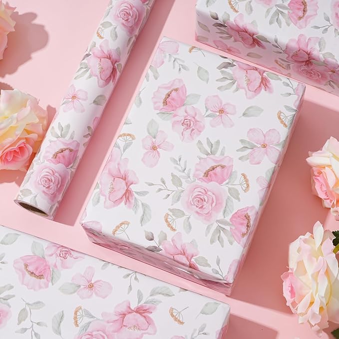 ZINTBIAL Pink Floral Wrapping Paper Roll - Watercolor peonies and leaves Design, 17 Inches x 16.5 Feet, Gift Wrap for Wedding, Bridal Shower, Birthday, Mother's Day, Cut Lines on Back