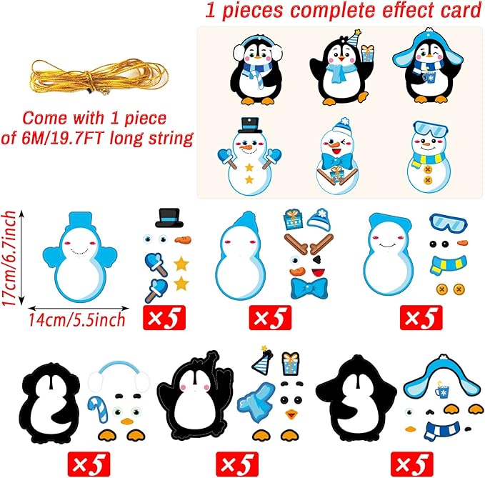 chiazllta 30 PCS Winter Christmas Craft Kits for Kids Holiday DIY Snowman Penguin Sticker Craft Ornament Xmas Art Craft for Party Home Class Game Activities…