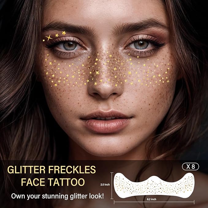 8 Pcs Gold Face Makeup Patches, Gold Glitter Freckles Face Tattoo, Glitter Freckles, Sparkle Makeup Patches, Waterproof Face Glitter Temporary Tattoos for Women