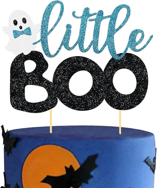 Halloween Little Boo Cake Topper - Happy Boo Day Ghost Cake Picks for Blue Boy Baby Shower Birthday Party Supplies (Little-Blue)