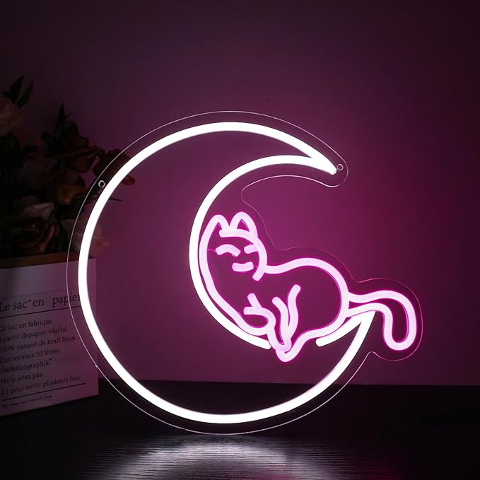Neon Sign, HSJNJKFU Moon Cat Neon Signs for Wall Decor White Pink LED Cat Signs for Man Cave Room Home Party Birthday Beer Signs - Neon Light USB Powered