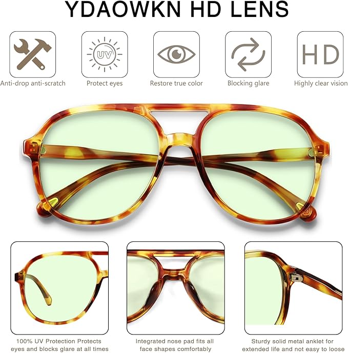 YDAOWKN Retro Square Aviator Sunglasses for Womens Mens Vintage 70s Double Bridge Sun Glasses