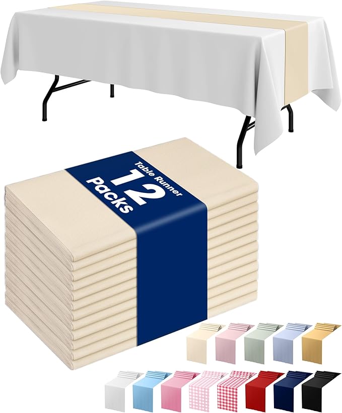 Pureegg Ivory Plastic Table Runners - 12 Pack, 14'' x 108'', Water Resistant & Disposable Cream Centerpiece Decorations for Table Cloth, Wedding, Birthday, Holiday, Baby Shower, Beige Home Decor