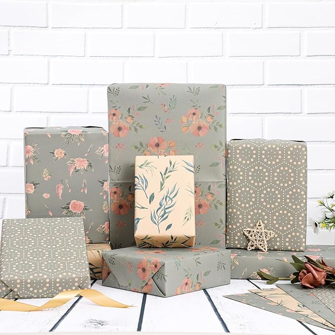 PlandRichW Wrapping Paper of Stylishly Designed Folded Kraft Wrapping Paper 12 Sheets Recycled Gift Wrapping Paper for Birthday, Wedding, Mother's Day, Party, and Baby Shower Precut 20" X 29"