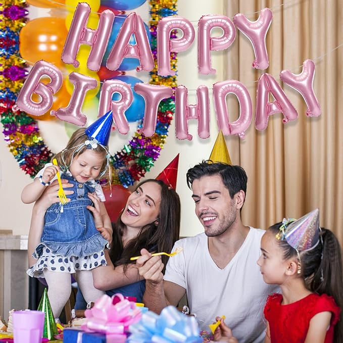 Accevo Pink Happy Birthday Banner 16 Inch Foil Letters Balloons Happy Birthday Balloon for Kids, Child, Adults, Boys & Girls Birthday Decorations Happy Birthday Sign
