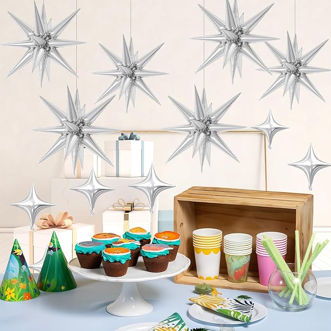 18 Pcs Silver Star Balloons, Silver Balloon with 6 Pcs 22-Inch Explosion Star Balloons 12Pcs 10-Inch Four Pointed Stars Foil Balloon for Anniversary Wedding Disco Birthday Party Decorations