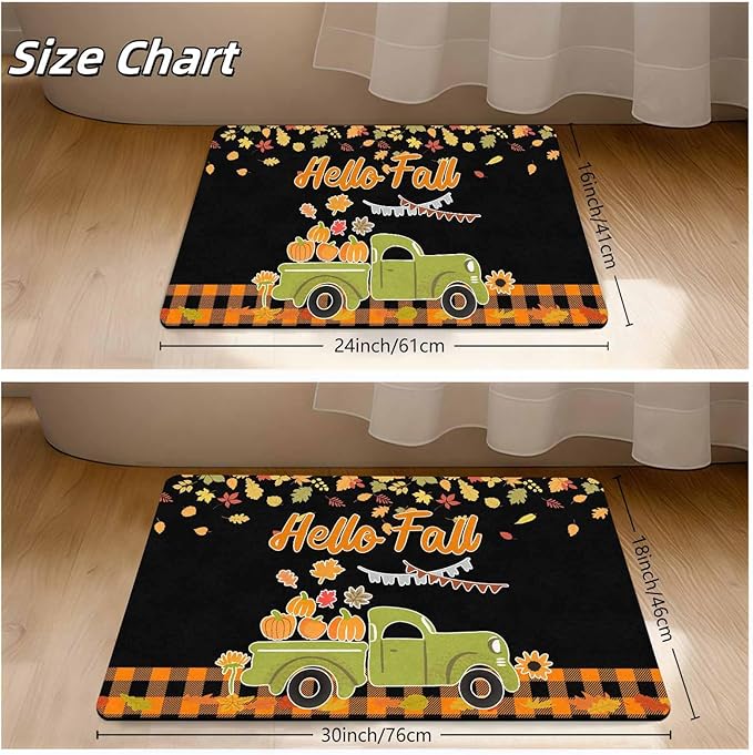Fall-Happy-Thanksgiving Door Mat Fall Truck Maple Leaves Welcome Doormat, Seasonal Harvest Thanksgiving Vintage Rustic Low-Profile Floor Switch Mat for Indoor Outdoor, 30"x18"inch, 30"x18"inch