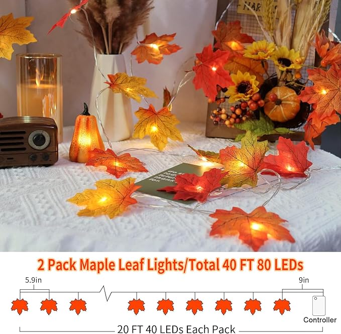 Fall Decorations Leaves Garland with Lights,Home Maple Leaf String Lights Multicolored 2 Pack 40FT 80LED Battery Operated with Timer,for Autumn Harvest Table Fireplace Porch Thanksgiving Indoor Decor