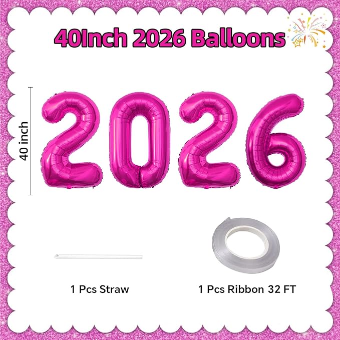 KALOR 42 Inch 2026 Hot Pink Foil Mylar Number Balloons, Giant 2026 New Years Decorations for 2026 Happy New Year Eve and Graduations Party Supplies