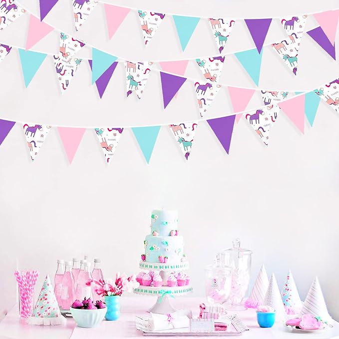 32Ft Pink Purple Blue Pennant Banner Fabric Triangle Flag Bunting Garland for Rainbow Theme Summer Decor Magical Birthday Wedding Party Home Outdoor Garden Hanging Decorations