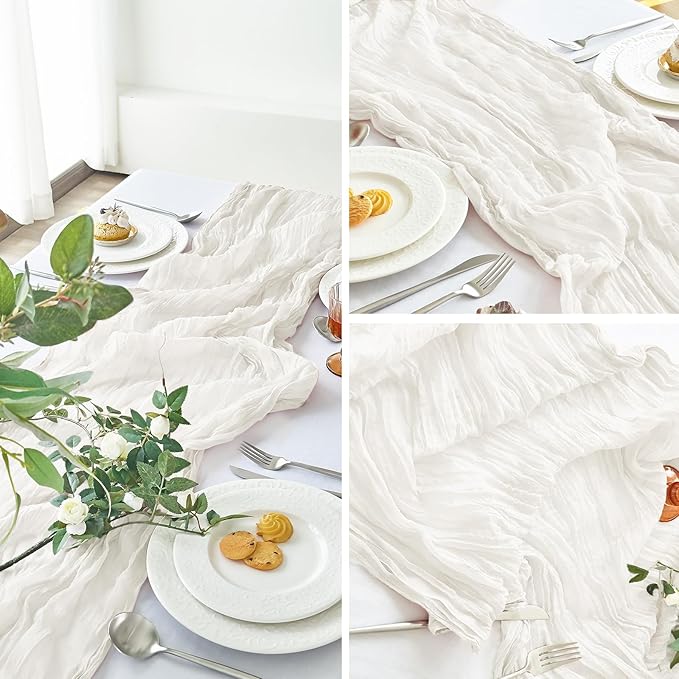 IVAPUPU 2 Pcs Cheesecloth Table Runner - 10ft Ivory White Boho Gauze Cheese Cloth Table Runners for Baby Shower Decoration Wedding Party Summer Garden Farmhouse