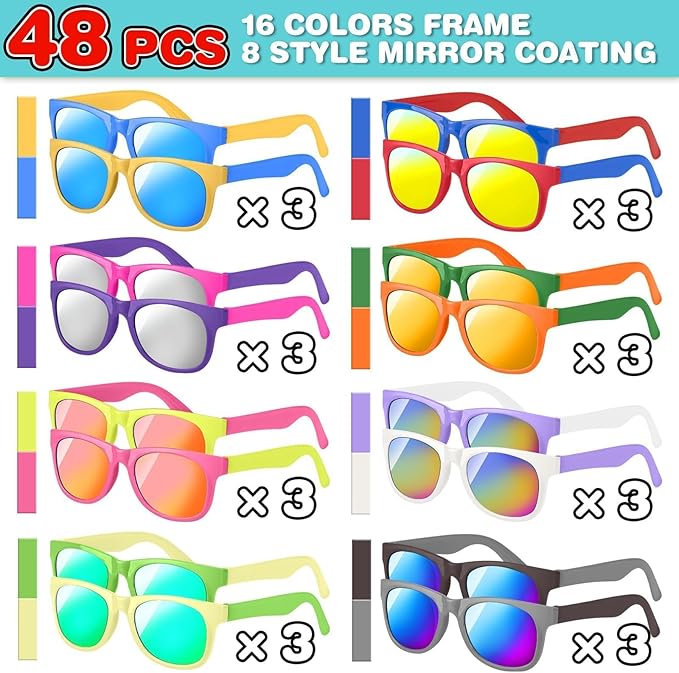 48 Pack Kid Sunglasses Bulk for Luau Party Favors, 16 Colors Neon Sunglasses with UV400 Protection, Gift for Classroom, School Prizes Goody Bag Stuffer, Kid Birthday, Beach, Summer Pool Party Supplies