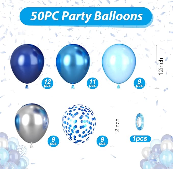 Blue Balloons, 50pcs Blue and Silver Balloon, Navy Pearl Dark Blue Metallic Balloons, Blue Confetti Balloon For Boy Man Birthday Party Baby Shower Gender Reveal Graduation Wedding Decor